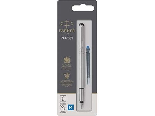 Parker Vector, Rostfritt stål, Påfyllning med bläckpatronssystem, Blå, Rostfritt stål, Blåsa, 1 styck
