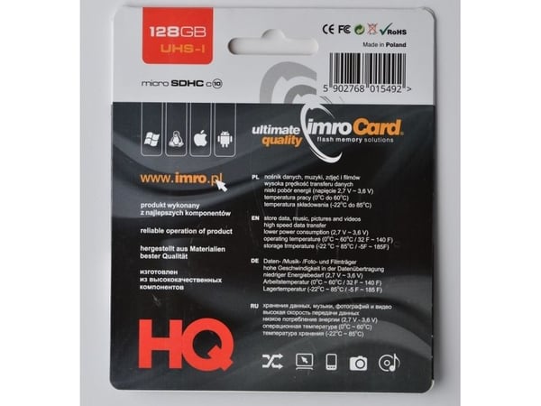 IMRO 10/128G UHS-I ADP, 128 GB, MicroSDHC, Klasse 10, UHS-I, Klasse 1 (U1), Sort