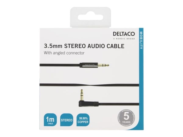 DELTACO AUD-121 - Lydkabel - mini-phone stereo 3.5 mm hann til mini-phone stereo 3.5 mm hann - 1 m - svart - 90° kontakt
