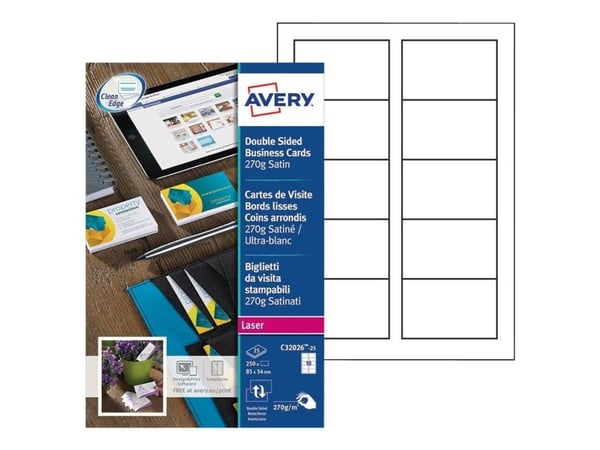 Avery Quick&Clean - Hvit - 54 x 85 mm - 270 g/m² - 250 kort (25 ark x 10) visittkort