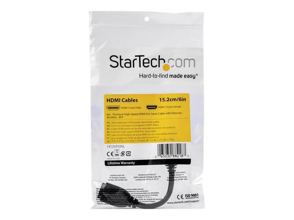 Startech 6in High Speed HDMI Port Saver Cable with 4K 60Hz - Short HDMI 2.0 Male to Female Adapter Cable - Port Extender (HD2MF6INL) - HDMI-forleng...