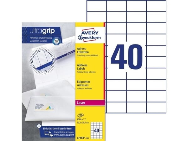Avery L7184 - Permanent selvklebende - hvit - 52,5 x 29,7 mm 4000 etikett(er) (100 ark x 40 adresseetiketter)
