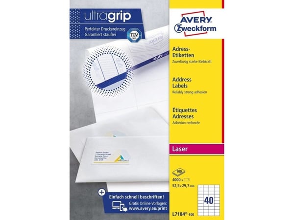 Avery L7184 - Permanent selvklebende - hvit - 52,5 x 29,7 mm 4000 etikett(er) (100 ark x 40 adresseetiketter)