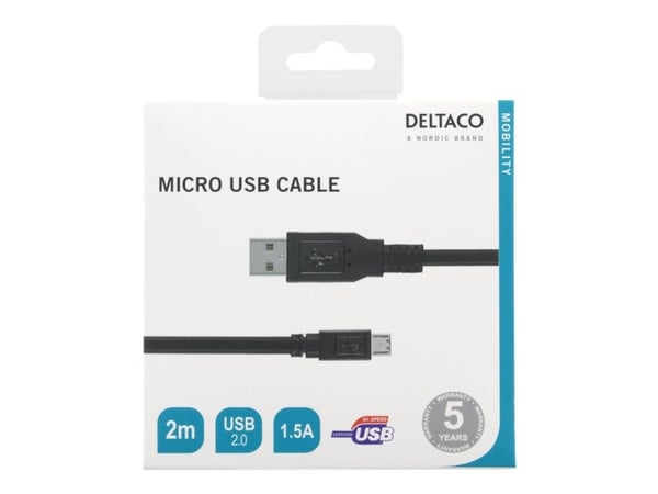 DELTACO - USB-kaapeli - Micro-USB tyyppi B (uros) - USB (uros) - 2 m - musta