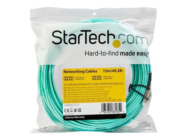 Startech 15m OM3 LC to LC Multimode Duplex Fiber Optic Patch Cable - Aqua - 50/125 - LSZH Fiber Optic Cable - 10Gb (A50FBLCLC15) - Koblingskabel - ...