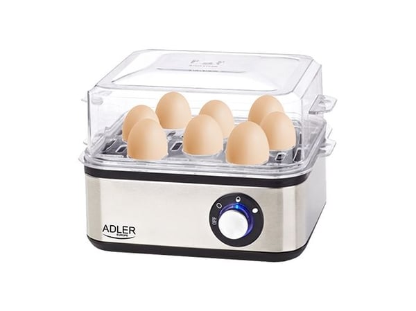 Adler AD 4486, 8 egg, Plast, Hard, Medium, Soft (myk), Sort, Satin Stål, Gjennomsiktig, 800 W