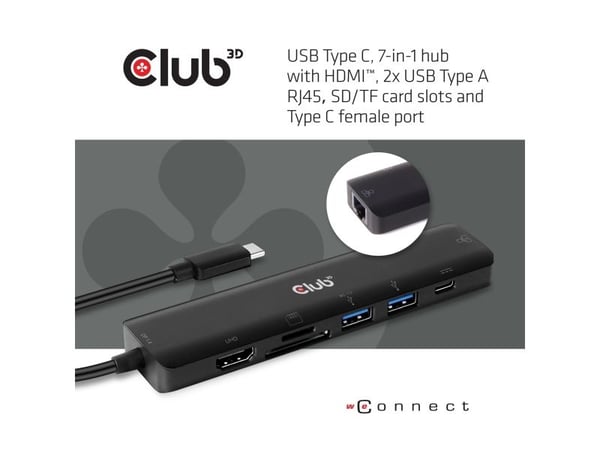 Club 3D USB Type C 7-in-1 Hub - Dokkingstasjon - USB-C 3.2 - HDMI - 1GbE