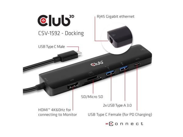 Club 3D USB Type C 7-in-1 Hub - Dokkingstasjon - USB-C 3.2 - HDMI - 1GbE