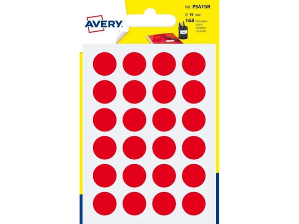 Avery PSA15R, Rød, Rund, Permanent, 1,5 cm, 168 stykker, 24 stykker