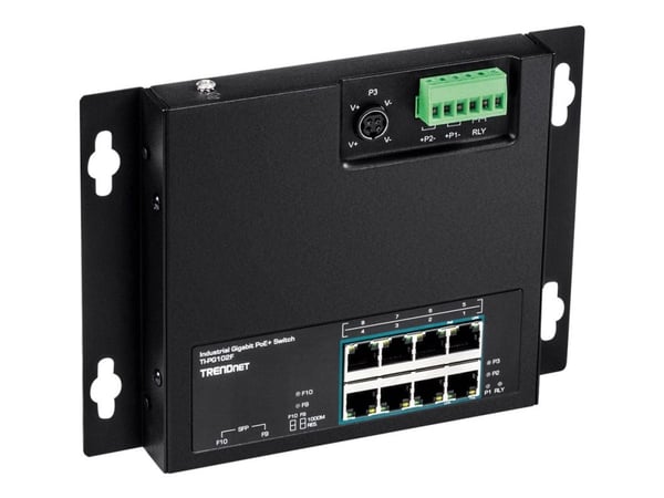 TRENDnet TI-PG102F - Industrial - switch - 8 x 10/100/1000 (PoE+) + 2 x kombo-Gigabit SFP - DIN-skinnemonterbar, veggmonterbar - PoE+ (240 W) - DC-...