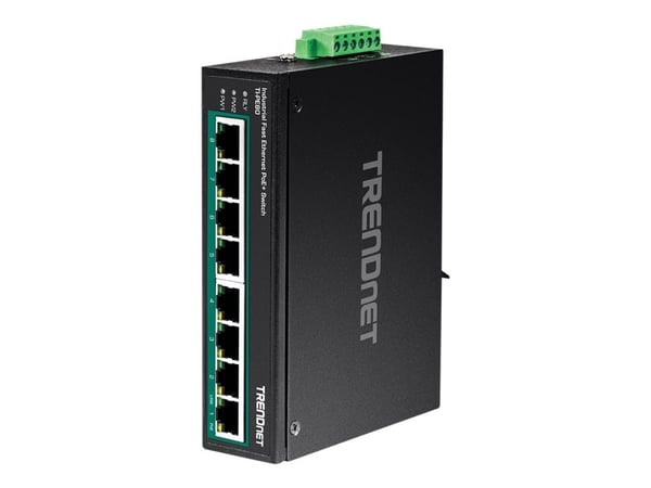 TRENDnet TI-PE80 - Industrial - switch - 8 x 10/100 (PoE+) - DIN-skinnemonterbar, veggmonterbar - PoE+ (200 W) - DC-strøm - TAA-samsvar