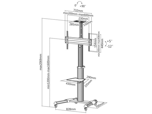 ROLINE 17031260, 94 cm (37"), 177,8 cm (70"), 200 x 200 mm, 600 x 400 mm, 5 - -12°, Sølv
