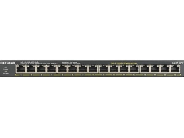 NETGEAR GS316PP - Switch - ikke-styrt - 16 x 10/100/1000 (PoE+) - stasjonær, veggmonterbar - PoE+ (183 W)