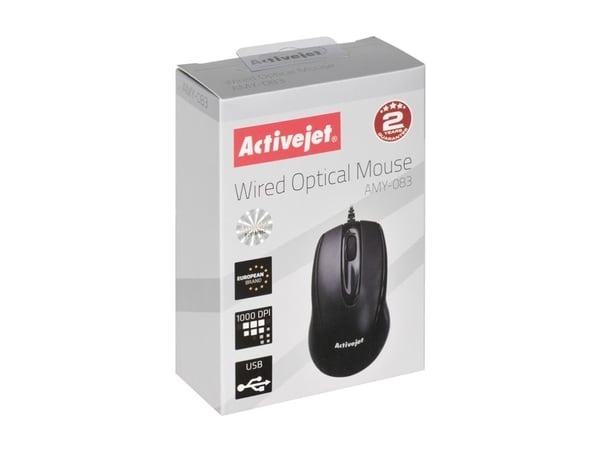 Activejet AMY-083, Ambidekstriøs, Optisk, USB, 1000 DPI, Svart