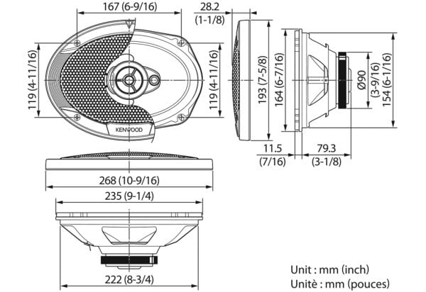 Kenwood KFC-S6976EX, 3-vägs, 500 W, 4 O, 87 dB, 44 - 18000 hz, Keramiska