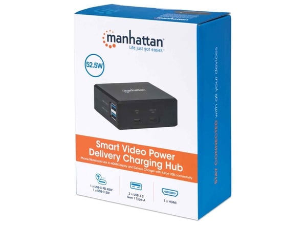 Manhattan 130554, USB 3.2 Gen 1 (3.1 Gen 1) Type-C, 52,5 W, Musta, HDMI, USB 3.2 Gen 1 (3.1 Gen 1) Type-A, USB 3.2 Gen 1 (3.1 Gen 1) Type-C, USB 3....