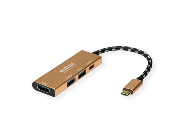 Roline USB-C MultiHub - HDMI, USB-C, 2x USB-A. Kultaa