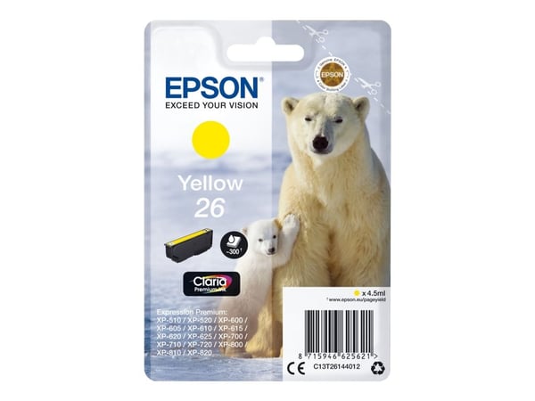 Epson Polar bear Yksittäispakkaus, keltainen 26 Claria Premium -muste, Perusvärintuotto, Väriainepohjainen muste, 4,5 ml, 300 sivua, 1 kpl