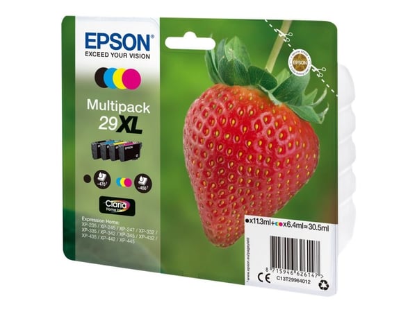 Epson Strawberry Multipack 4-colours 29XL Claria Home Ink, Korkea (XL) värintuotto, Musta, Syaani, Magenta, Keltainen, 11,3 ml, 6,4 ml, 1 kpl, 470 ...