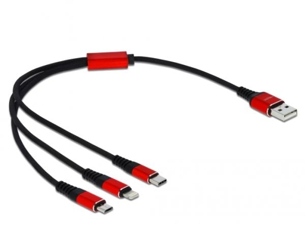 DeLOCK 85891, 0,3 m, USB A, USB C/Micro-USB B/Lightning, USB 2.0, Musta, Punainen