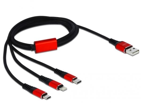 DeLOCK 85892, 1 m, USB A, USB C/Micro-USB B/Lightning, USB 2.0, Musta, Punainen