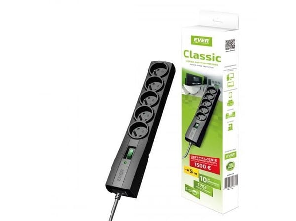 EVER CLASSIC - Overspenningsavleder - AC 250 V - 2500 watt - utgangskontakter: 5 - 3 m kabel - svart