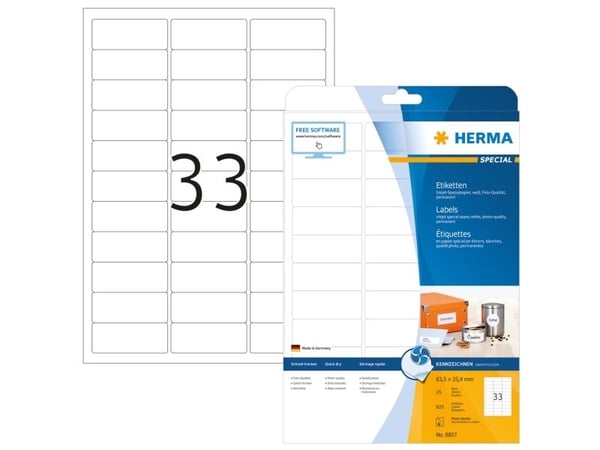 HERMA Special - Papir - matt - permanent selv-adhesiv - belagt - hvit - 63.5 x 25.4 mm - 90 g/m² - 825 etikett(er) (25 ark x 33) merkelapper