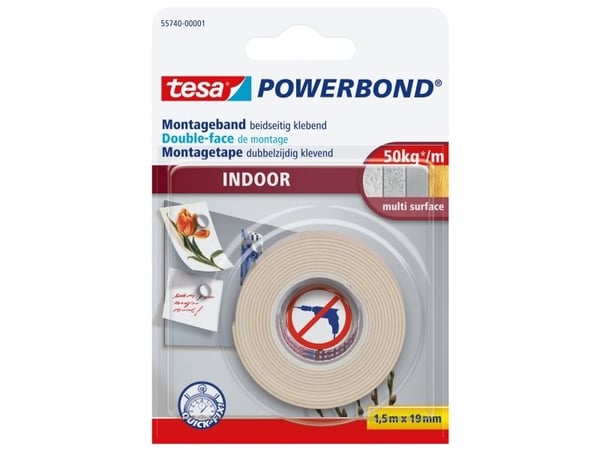 Tesa Powerbond - Dobbelsidig tape - 19 mm x 1.5 m - hvit