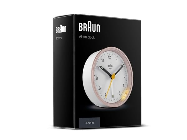 Braun quartz vekkerklokke BC12PW rosa/hvit - quartz veggklokke - rund - rosa - hvit - analog - gul - batteri (67103)