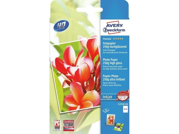 Avery C2550-50, Høy-glans, 250 g/m², Blekkdyse, 10x15 cm, Hvit, 50 ark