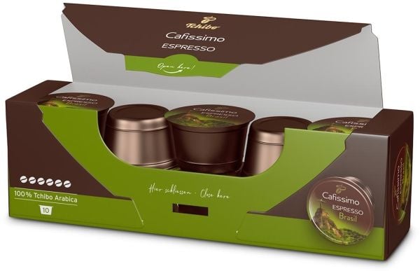 Tchibo Espresso Brasil Beleza, Kaffe kapsyl, Espresso, Mørkbrent, Brun, Grønn, 10 stykker, Boks