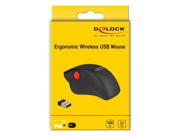 Delock Ergonomic - Mus - ergonomisk - høyrehendt - optisk - 3 knapper - trådløs - 2.4 GHz - USB trådløs mottaker - svart, rød - løsvekt