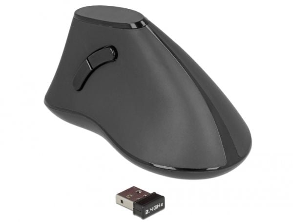 Delock Ergonomic - Vertikal mus - ergonomisk - høyrehendt - optisk - 5 knapper - trådløs - 2.4 GHz - USB trådløs mottaker - svart - løsvekt