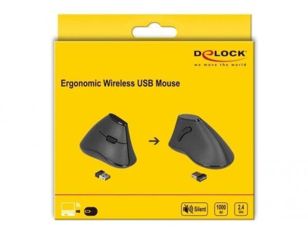 Delock Ergonomic - Vertikal mus - ergonomisk - høyrehendt - optisk - 5 knapper - trådløs - 2.4 GHz - USB trådløs mottaker - svart - løsvekt