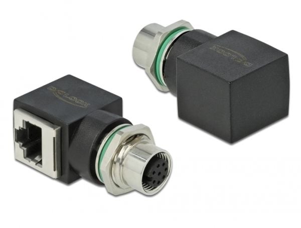 Delock - Nettverksadapter - 8-pins M12 (hunn) rett til RJ-45 (hunn) vinklet - CAT 6a - svart