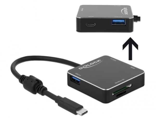 DeLock 3 Port USB 3.1 Gen 1 -keskitin USB Type-C-liitännällä ja SD- ja Micro SD-korttipaikalla - Keskitin - 2 x USB 3.1 Gen 1 + 1 x USB-C - pöytäti...
