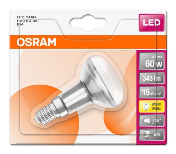 Osram STAR R50, 4,3 W, 60 W, E14, 345 lm, 15000 h, Varmvit
