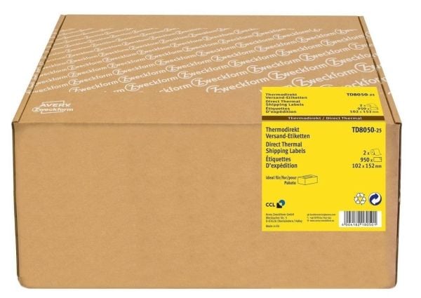 Avery TD8050-25, Hvit, Selvklebende skriveretikett, Papir, Trermisk overføring, Permanent, Avrundet rektangel