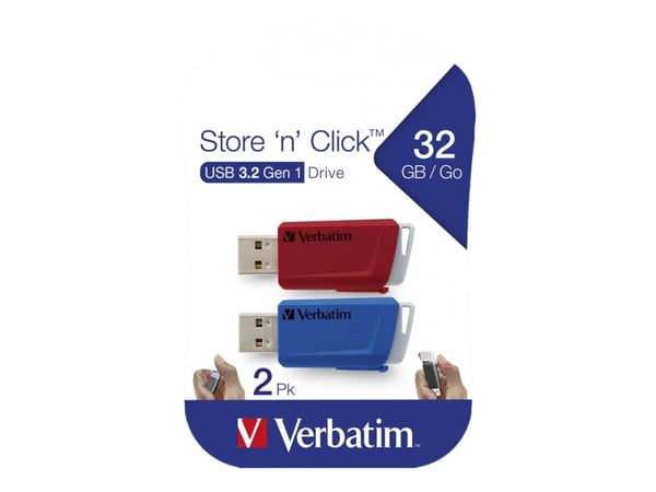 Verbatim Store 'n' Click - USB-flashstasjon - 32 GB - USB 3.2 Gen 1 - blå, rød (en pakke 2)