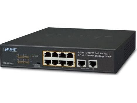PLANET FSD-1008HP, Hallitsematon, Fast Ethernet (10/100), Täysin kaksipuolinen, Power over Ethernet -tuki, Telineasennus, 1U