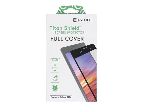 eSTUFF Titan Shield - Skjermbeskyttelse for mobiltelefon - full deksel - glass - rammefarge svart - for Samsung Galaxy S10e