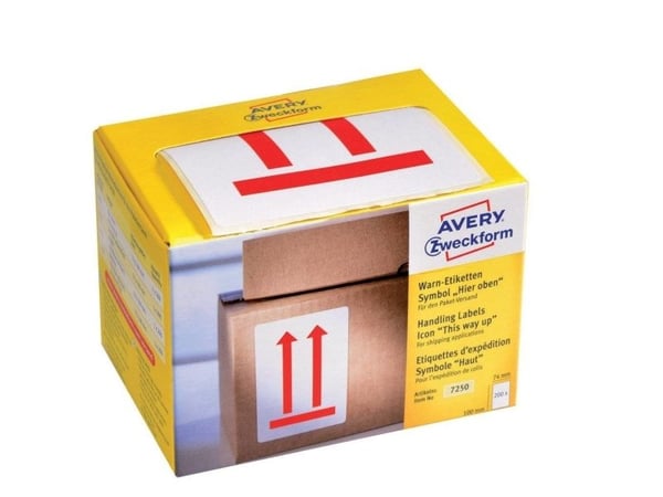 Etiketter Avery 100x74 mm, vita, med förtryckt symbol 'Denna riktning upp' permanent - (200 st.)