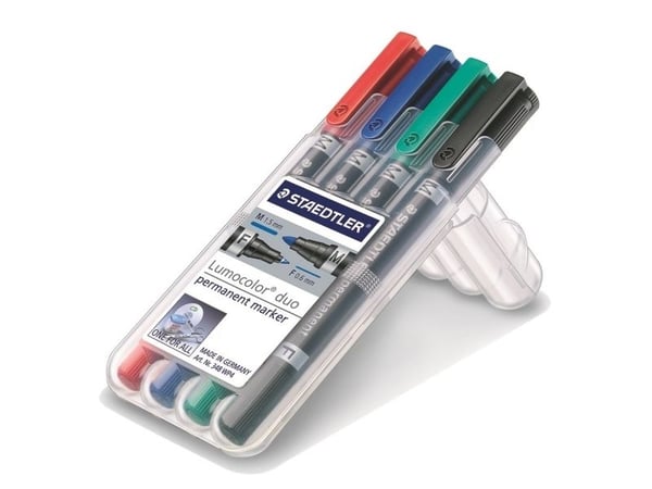 STAEDTLER Lumocolor duo - Kaksoiskärkinen tussi - pysyvä - musta, punainen, sininen, vihreä - 1,5 mm / 0,6 mm - keskikokoinen / hieno (4 kpl pakkaus)