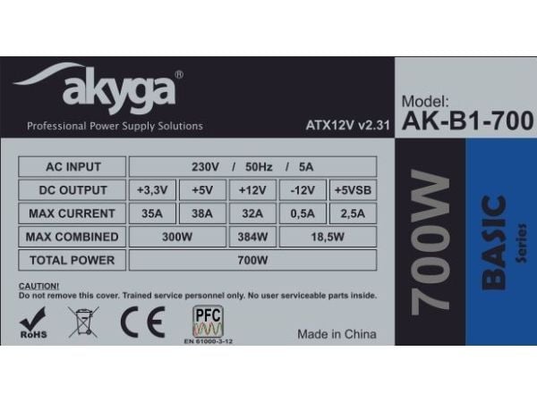 Akyga Basic Series AK-B1-700 - Strømforsyning (intern) - ATX12V 2.31 - AC 230 V - 700 watt - PFC - grå