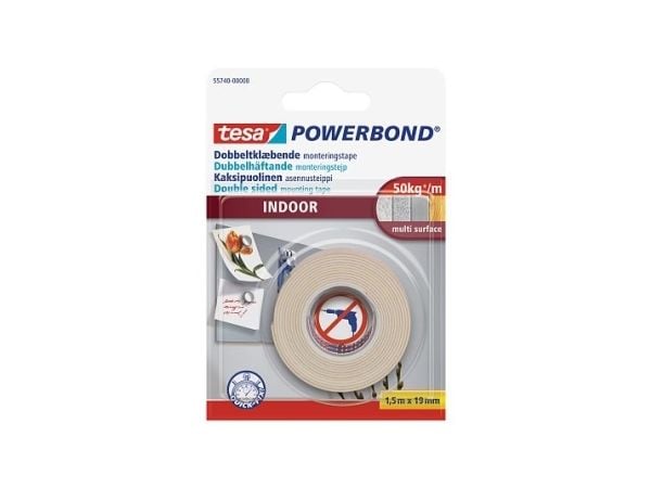 Tesa Powerbond - Dobbelsidig tape - 19 mm x 1.5 m - hvit