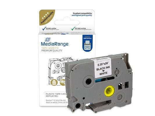 MediaRange - Laminert - permanet adhesiv - svart på hvitt - Rull (0,9 cm x 8 m) 1 kassett(er) hengeboks - merketape (alternativ for: Brother TZ-221...