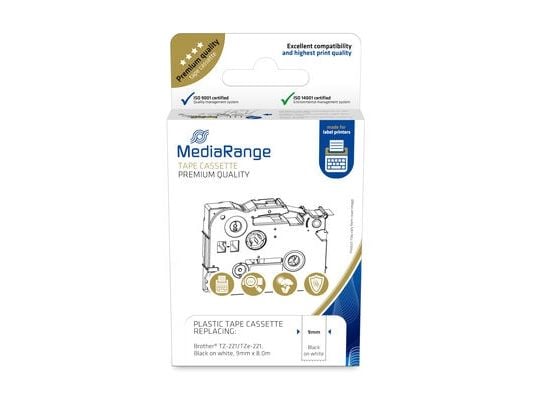MediaRange - Laminert - permanet adhesiv - svart på hvitt - Rull (0,9 cm x 8 m) 1 kassett(er) hengeboks - merketape (alternativ for: Brother TZ-221...