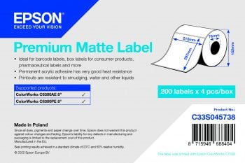 Epson Premium - Glatt matt - permanent akryl-adhesiv - sterkt hvitt - A4 (210 x 297 mm) 800 etikett(er) (4 rull(er) x 200) stanseskårne etiketter -...