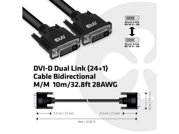 Club 3D - DVI-kabel - dobbeltlenke - DVI-D (hann) til DVI-D (hann) - 10 m - tommelskruer, gullglimtkontakter