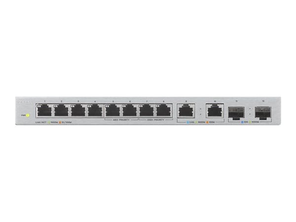 Zyxel XGS1010-12 - Switch - 8 x 10/100/1000 + 2 x 100/1000/2.5G + 2 x 1 Gigabit / 10 Gigabit SFP+ (opplink) - stasjonær, veggmonterbar